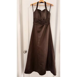Chocolate Brown Satin Halter Formal Gown with Ruched Waist